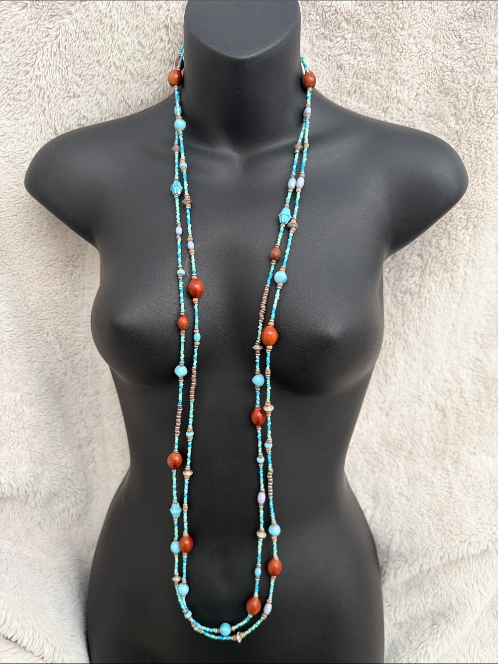 Handcrafted Turquoise & Brown Beaded Long Necklace